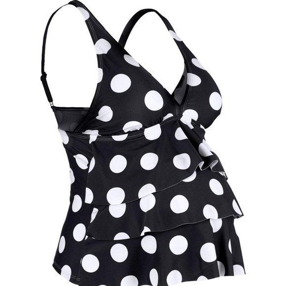 Black Dot Print Ruffled Layered Maternity Swimsuit - Picture 5 of 12